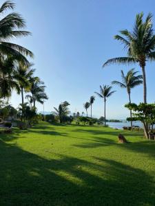 a park with palm trees and a body of water at Marina Diamante Plata D5 in Acapulco