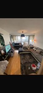 a living room with a couch and a television at Chambre avec vue panoramique in Cachan