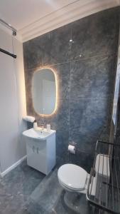 a bathroom with a toilet and a sink and a mirror at B3 bnb House in Ravensmead