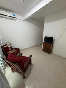 a living room with a chair and a television at Apart Sur Catriel in Catriel