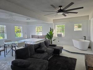a living room with a couch and a ceiling fan at Penthouse Suite - Chez Mango Villa in Olveston