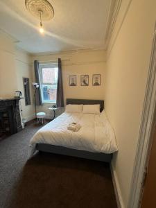 a bedroom with a white bed in a room at Near city centre, Derby train station and royal Derby hospital in Derby