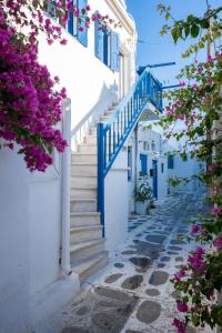 a narrow street with blue stairs and flowers at Mykonos Town Aura Panorama with Private Terrace in Megali Ammos