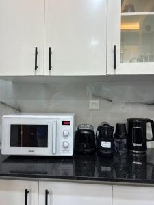 a white microwave oven sitting on a kitchen counter at vk-appart in Maianga