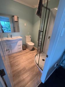 a bathroom with a shower and a toilet and a sink at Waitomo Orchard Estate B&B in Otorohanga +46 photos