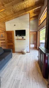 a living room with a couch and a tv on a wall at Refugio en Malalcahuello in Malalcahuello