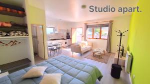 a bedroom with a large bed and a kitchen at Discovery Apartment in Santana