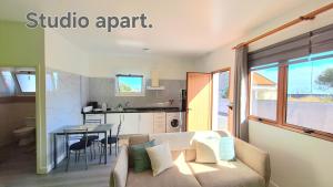 a living room with a couch and a table and a kitchen at Discovery Apartment in Santana