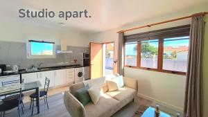 a living room with a couch and a table and a kitchen at Discovery Apartment in Santana