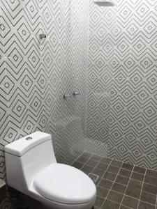 a bathroom with a toilet and a tile wall at Ciudad del Valle Departamento C in Tepic +6 photos