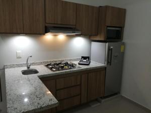 a kitchen with a stove and a refrigerator at Ciudad del Valle Departamento C in Tepic