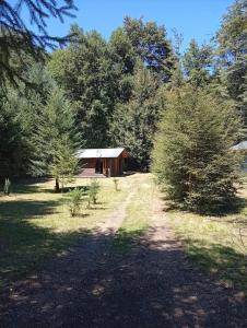 a barn in the middle of a field with trees at Cabaña borde rio in Pucón