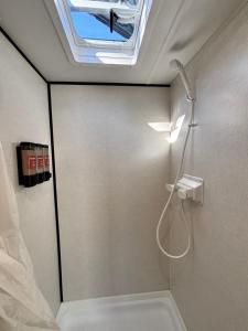 ein Badezimmer mit Dusche und Dachfenster in der Unterkunft The Backyard Den in Raleigh