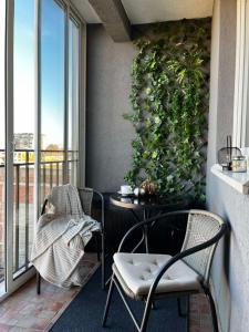 a balcony with a table and chairs and a plant at Apartman Riva Panoramska terasa & Privatna Garaža in Kraljevo