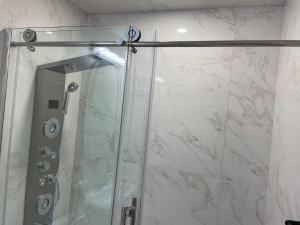 eine Dusche mit Glastür im Badezimmer in der Unterkunft New Basement Apartment unit sleeps 4 in Oakville + 32 Fotos