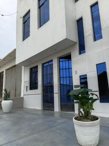 a building with large windows and a potted plant at Hospedaje Anny in Larán