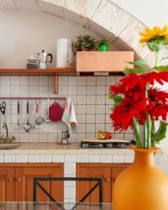a kitchen with a vase with red flowers on a counter at House With Jacuzzi Among Orchards In Cisternino in Cisternino