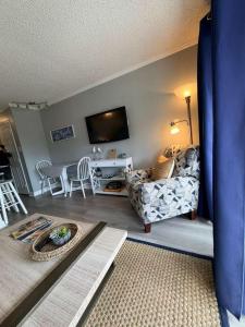 a living room with a couch and a tv at Luxury Beach front Condo in Galveston