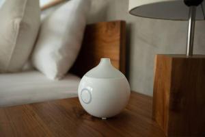 a white vase sitting on a table next to a couch at KARMA room in Villa ABSOLUTE Shared Villa in Canggu +32 photos