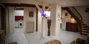 a living room with a tv and a kitchen at Maison avec terrasse Colmar Centre-Cottage garden terrace Center Old Town Colmar in Colmar +31 photos