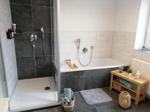 a bathroom with a shower and a tub at Allgäu Space in Marktoberdorf