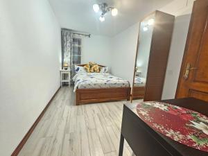 a bedroom with a bed and a table and a mirror at Casa Hera in Călimăneşti