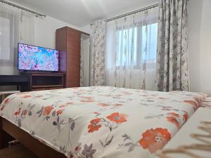 a bedroom with a bed with a floral comforter and a tv at Casa Hera in Călimăneşti