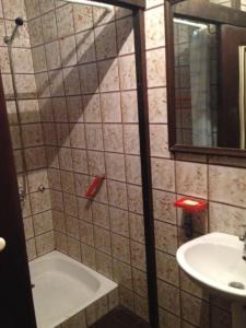 La salle de bains est pourvue d'une baignoire, d'un lavabo et d'un miroir. dans l'établissement Holiday home with private parking Vukovar, à Vukovar