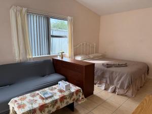 a bedroom with a bed and a couch and a window at Lilys guest house in Auckland