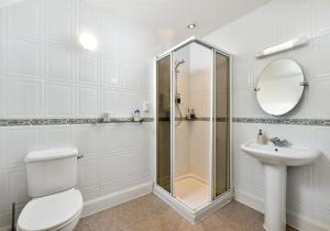 a bathroom with a shower and a toilet and a sink at The Steading at Pitmeadow Farm in Dunning +20 photos