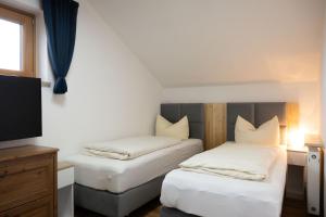 a bedroom with two beds and a flat screen tv at Ferienwohnung Allgäu-Hilaria in Fischen