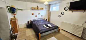 a bedroom with a bed and a tv in it at Oscar Apartman Rezi in Rezi