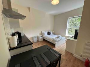 a small room with a kitchen and a couch in it at Arbourfield Lodge in Derby