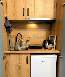 a kitchen with a sink and a counter top at Studio Sunset in Voždivac
