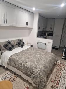 a bedroom with a bed and a kitchen at The Garden Studio in Dublin