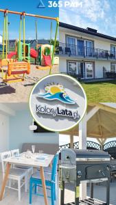 a collage of pictures of a playground with a table and a grill at 365PAM - Kolory Lata - KLIMATYZACJA, PLAC ZABAW, GRILL in Sarbinowo