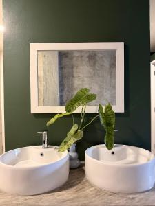 a bathroom with two white sinks and a plant at Cheevit Cheeva Koh Tao Hostel in Ko Tao +3 photos