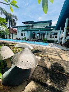 a building with rocks in front of a pool at Eco Villa Resort in Negombo