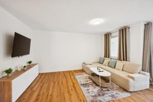 a living room with a couch and a tv at Ramoni Apartments - Abendgold in Enzklösterle