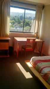 a room with a bed and a desk and a window at Habitaciones en Departamento in Santiago