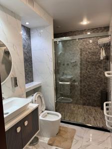 a bathroom with a shower and a toilet and a sink at Hotel Panorama in Dushanbe +74 photos
