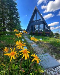a group of yellow flowers in front of a building at The Retreat Marisel in Mărişel