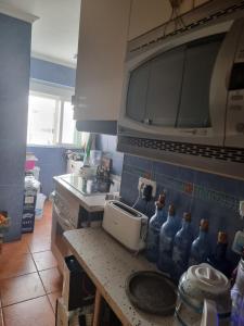 a kitchen with a counter with a sink and a microwave at Apto Templo de Isis, Habitación Verde en Amate in Seville