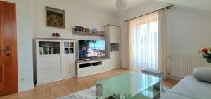 a living room with a tv and a glass table at Haus an der Mur in Mureck