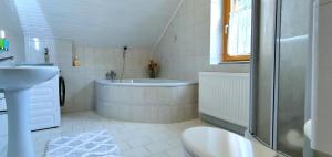 a bathroom with a tub and a toilet and a sink at Haus an der Mur in Mureck +38 photos