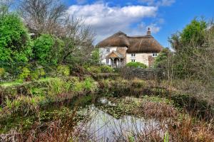an old house with a thatched roof next to a pond at Finest Retreats - Syncocks Farm Cottage in Petrockstow