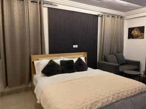 ein Schlafzimmer mit einem Bett, Kissen und einem Stuhl in der Unterkunft Bel View in Trofwi