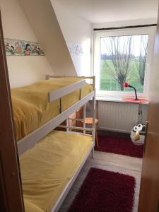 a bedroom with a bunk bed and a window at Ferienhaus - Kann in Vollerwiek