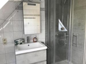 a bathroom with a sink and a shower at Ferienhaus - Kann in Vollerwiek +36 photos