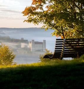 a park bench in a field with a castle in the background at Ferienwohnung Brigitte in Schernfeld